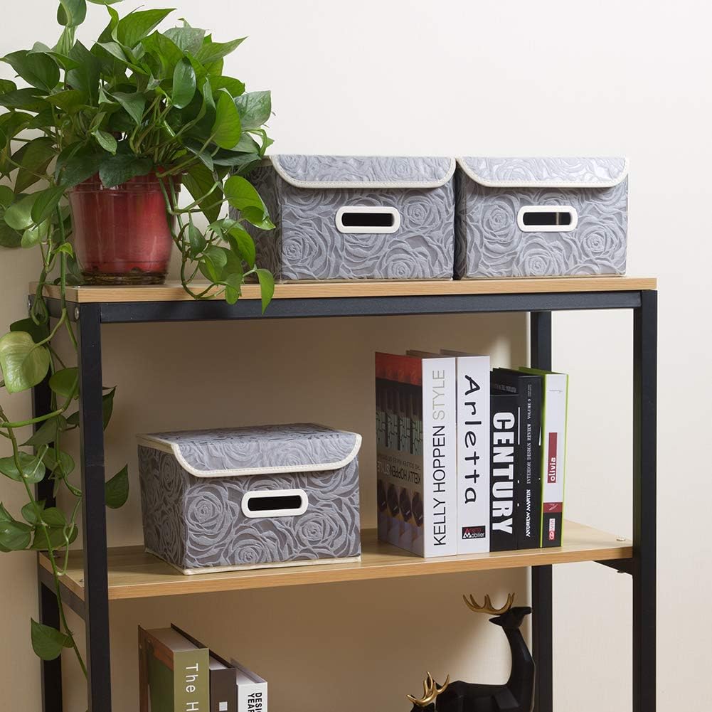 PRANDOM Collapsible Storage Boxes with Lids Fabric Decorative Storage Bins Cubes Organizer Containers Baskets with Cover Handles Divider for Bedroom Closet Living Room 9.8x7.9x6.7 Inch 3 Pack