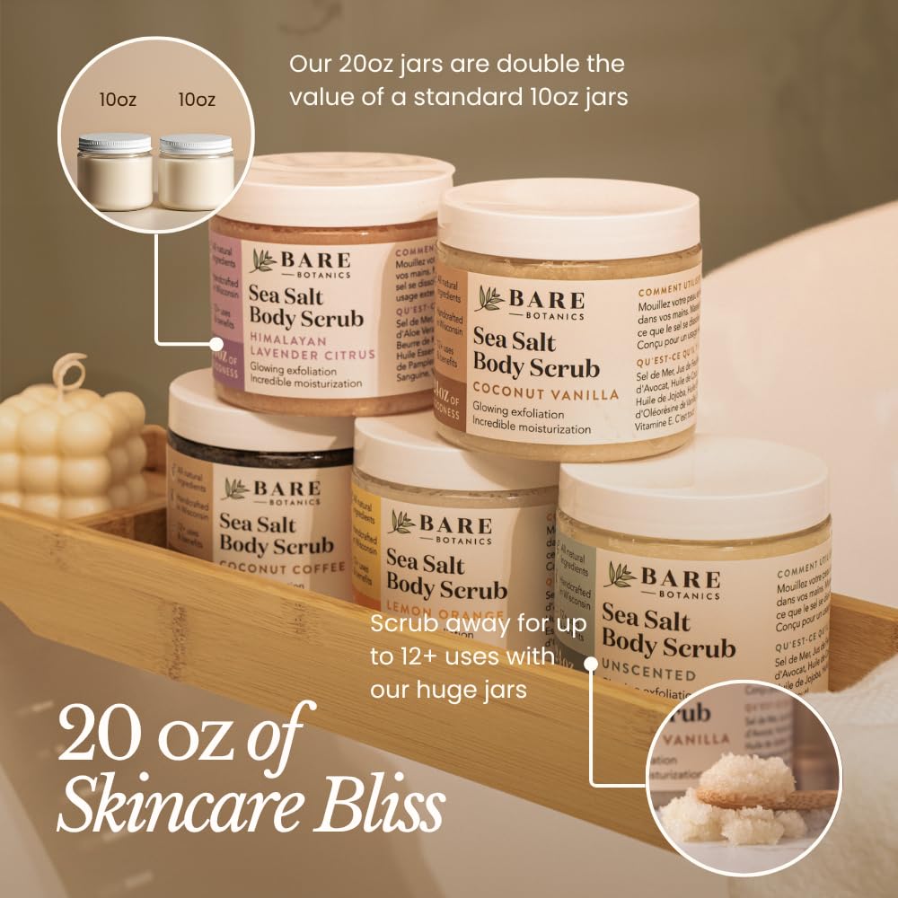 Bare Botanics Brown Sugar Body Scrub 20 oz - Naturally Scented Coconut Vanilla Sugar Scrub Made in Madison, WI - Formulated w/Skin Loving Moisturizers - Vegan, Cruelty Free w/a Cute Wooden Spoon