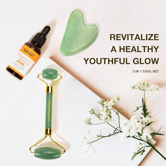 NEUTRIHERBS Jade Gua Sha & Face Roller & Vitamin C Serum Facial Tool Set(3 in 1 Kit), Home Face Massager for Wrinkle,Fine Line,Puffiness,Firm Smooth Relax Skin -- Green