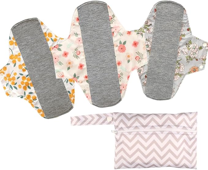 WEEOATAR Reusable Menstrual and Incontinence Pads - Graphene Panty Liners, Washable Sanitary Napkins, Pack of 3 With 1 Cloth Mini Wet Bag (Yellow, Pink & Grey, L)