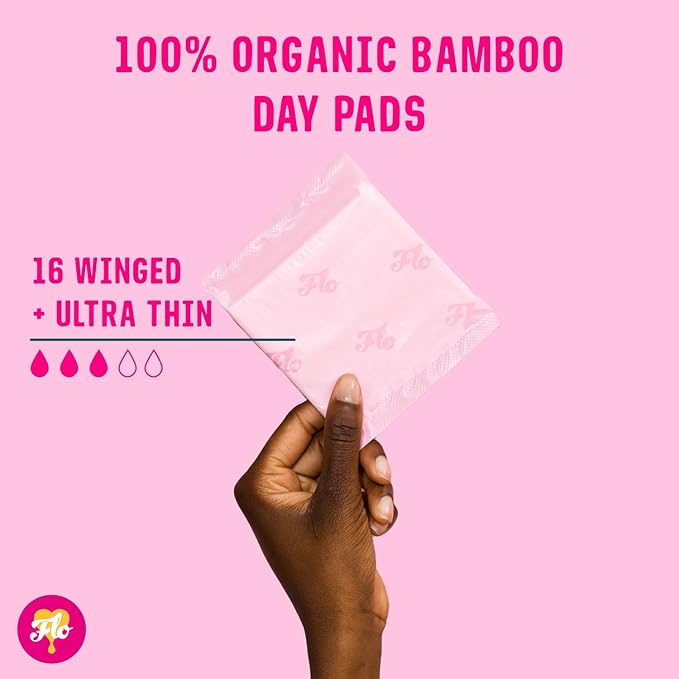Flo Bamboo Day Period Pads with Wings (16 Pads) - Super Absorbent, Soft, Thin