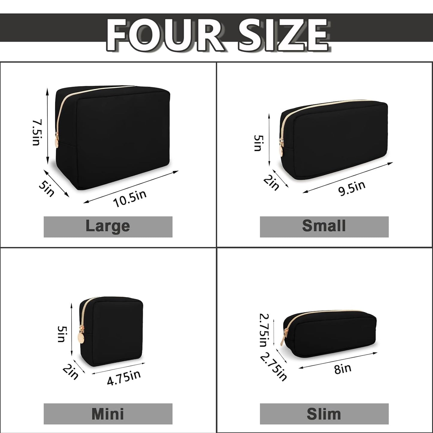 Waterproof Small Makeup Pouch for Purse,Nylon Travel Toiletry Storage Pouch Cute Preppy Cosmetic Bag for Women Girl,Waterproof Makeup Organizer Skincare Bag Purse with Zipper(Small-Black)