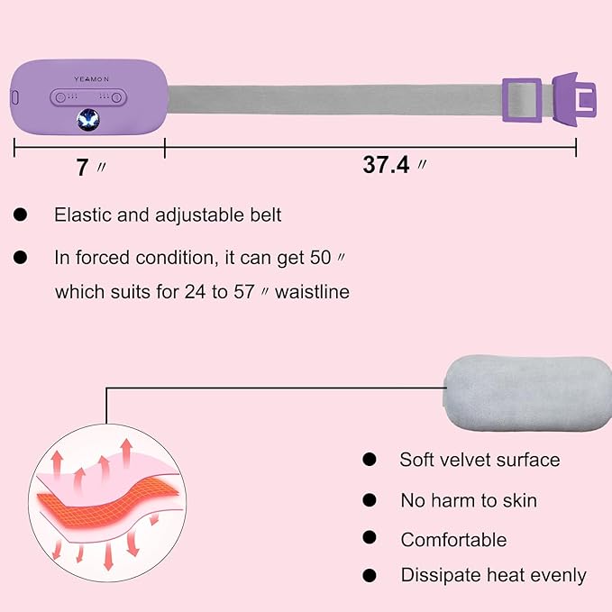 Portable Cordless Heating Pad, Electric Waist Belt Device,Fast Heating Pad with 3 Heat Levels and 3 Vibration Massage Modes, Back or Belly Heating Pad for Women and Girl(Light Purple)