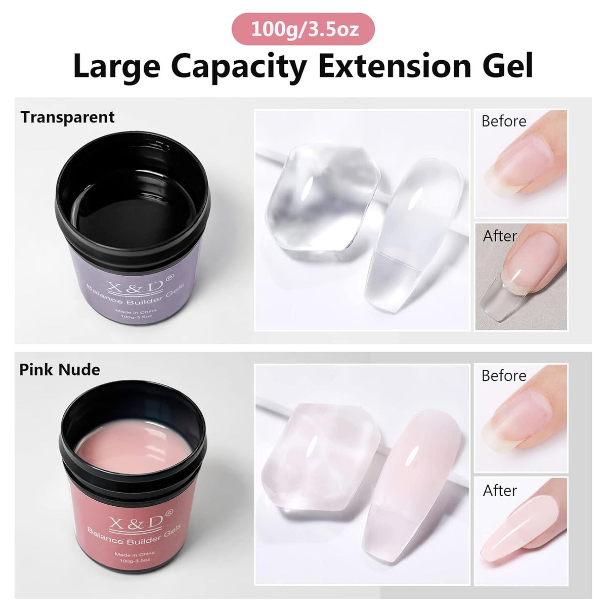 X&D Gel Nail Polish Kit - UV Polygel 2 Bottles Quick Dry 100g Natural Clear Color Nail Extension with Nail Forms, File, Acrylic Brush (Transparent & Nude Pink)