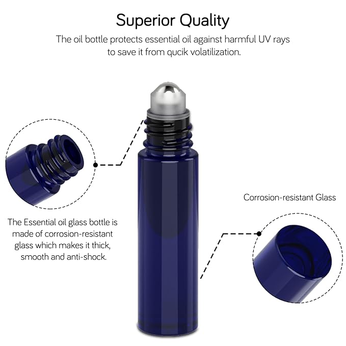 PrettyCare 6 Pack, 10 ml Essential Oil Roller Bottles with Stainless Steel Roller Ball - Refillable Leak-proof Empty Thick Blue Glass Roll on Bottles with Black Caps for Travel, Perfume