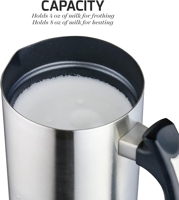 OVENTE Electric Milk Frother and Steamer, Automatic Hot and Cold Foam Maker for Coffee, Latte, Cappuccino or Macchiato, 500W Double-Wall Stainless Steel Milk Warmer with Auto Shutoff, Silver FR3608BR