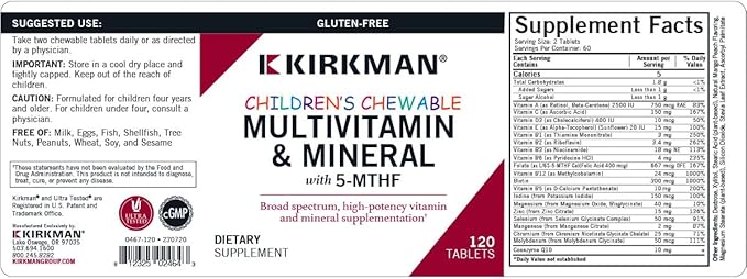 Kirkman - Children's Multivitamin & Mineral Chewable with 5-MTHF - 120 Capsules - Potent Broad-Spectrum Vitamin/Mineral Supplement - with Coenzyme Q-10 - Natural Mango Peach Flavor