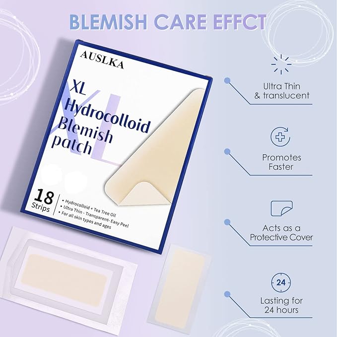 AUSLKA Large Blemish Patches, XL Pimple Patch -18 Strips - Hydrocolloid Patch for Covering Zits - Spot Stickers - Vegan and Cruelty for Face and Skin