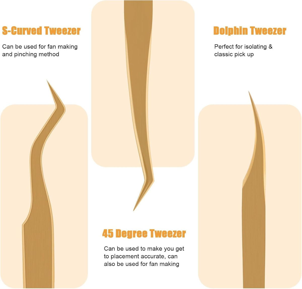 Lash Tweezers for Eyelash Extensions, Professional Eyelash Tweezer Set, Lash Extension Tweezer Kit (Set of 7, Gold)
