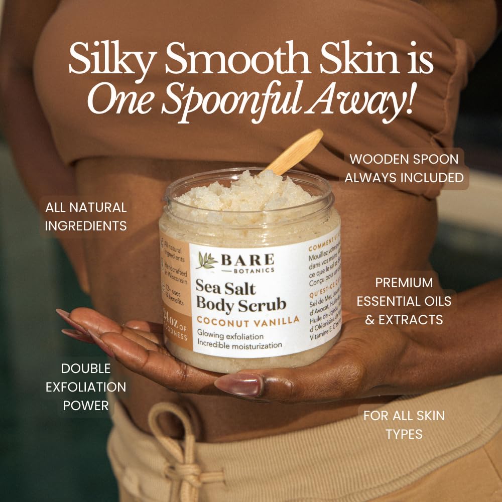 Bare Botanics Matcha Eucalyptus Body Scrub 24 oz - Naturally Scented Sea Salt Scrub Made in Madison, WI - Formulated w/Skin Loving Moisturizers - Vegan, Cruelty Free Exfoliator w/a Cute Wooden Spoon