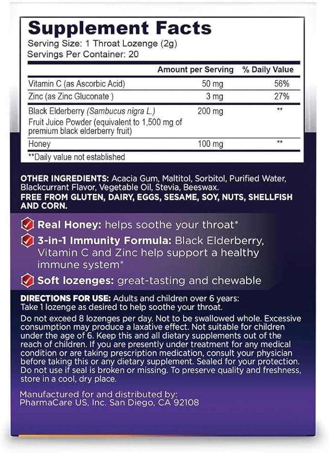 Sambucol Black Elderberry Throat Lozenge - With Honey, Vitamin C & Zinc, Elderberry Lozenges Sore Throat & Cough, Soothes Scratchy Throat, Supports Immunity, Soft & Chewy - 3-Pack (60 Total Pastilles)