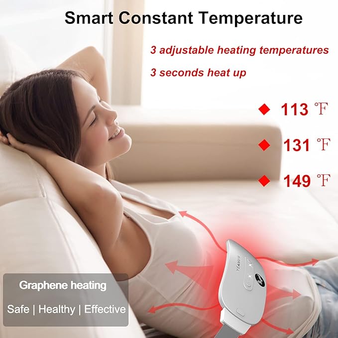 Portable Cordless Heating Pad for Cramps, Electric Waist Belt Device, Fast with 3 Heat Levels and Massage Modes, Back or Belly Women Girl