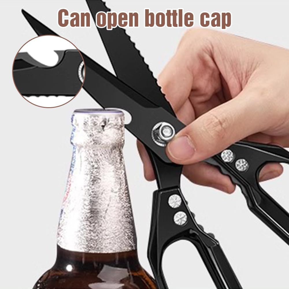 Multifunctional Heavy-Duty Kitchen Shears, Heavy Duty Kitchen Scissors for Food with Ergonomic Handle, High-Carbon Steel Culinary Shears for Chicken, Meat, Seafood, Bone Cutting (Long Black)
