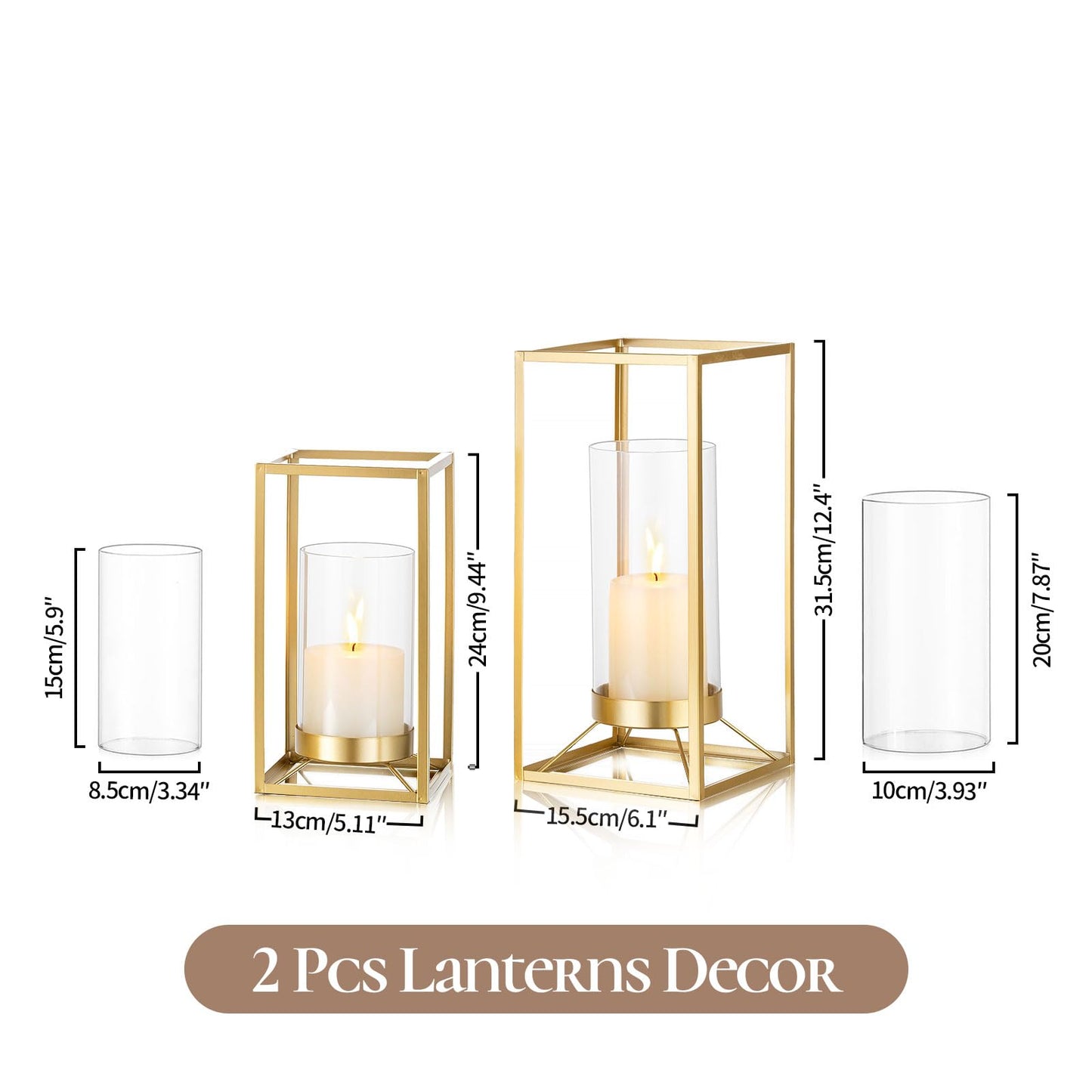 Staymoment Gold Metal Lantern Decorative Set of 2 with Hurricane Glass: Indoor Modern Farmhouse Candle Holder for Table Centerpiece Fireplace Mantles Shelf, 12" & 9"