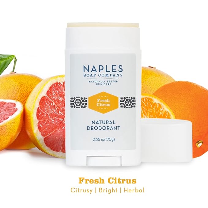 Naples Soap Company Deodorant - Natural, Long-Lasting, Stain-Free Formula - Prevents Odor-Causing Bacteria - Aluminum, Baking Soda, Talc-Free - Fresh Citrus, 2.65oz