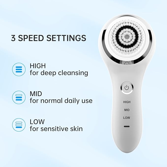 Facial Cleansing Brush Sonic Facial Brush Skin Cleansing Electric Face Scrubber Exfoliator by Hangsun SC200 with 3 Brush Heads, 3 Speed Modes Rechargeable for Exfoliating, Massaging and Deep Cleansing