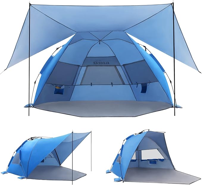 Elegear Beach Tent With 360 Removable Canopy, 4-6 Person Pop Up Sun Shade Shelter, UPF 50+ Automated Installation Double Silver Coating Portable Lightweight Cabana