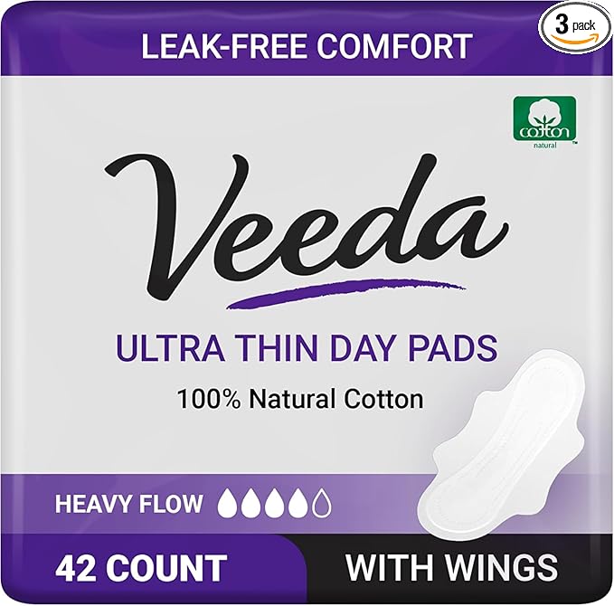 Veeda Natural Cotton Day Pads for Women - Heavy Flow Absorbent Ultra-Thin Feminine Pads with Wings - Hypoallergenic Period pads - Unscented & Chlorine free Sanitary Napkins - 42 Count