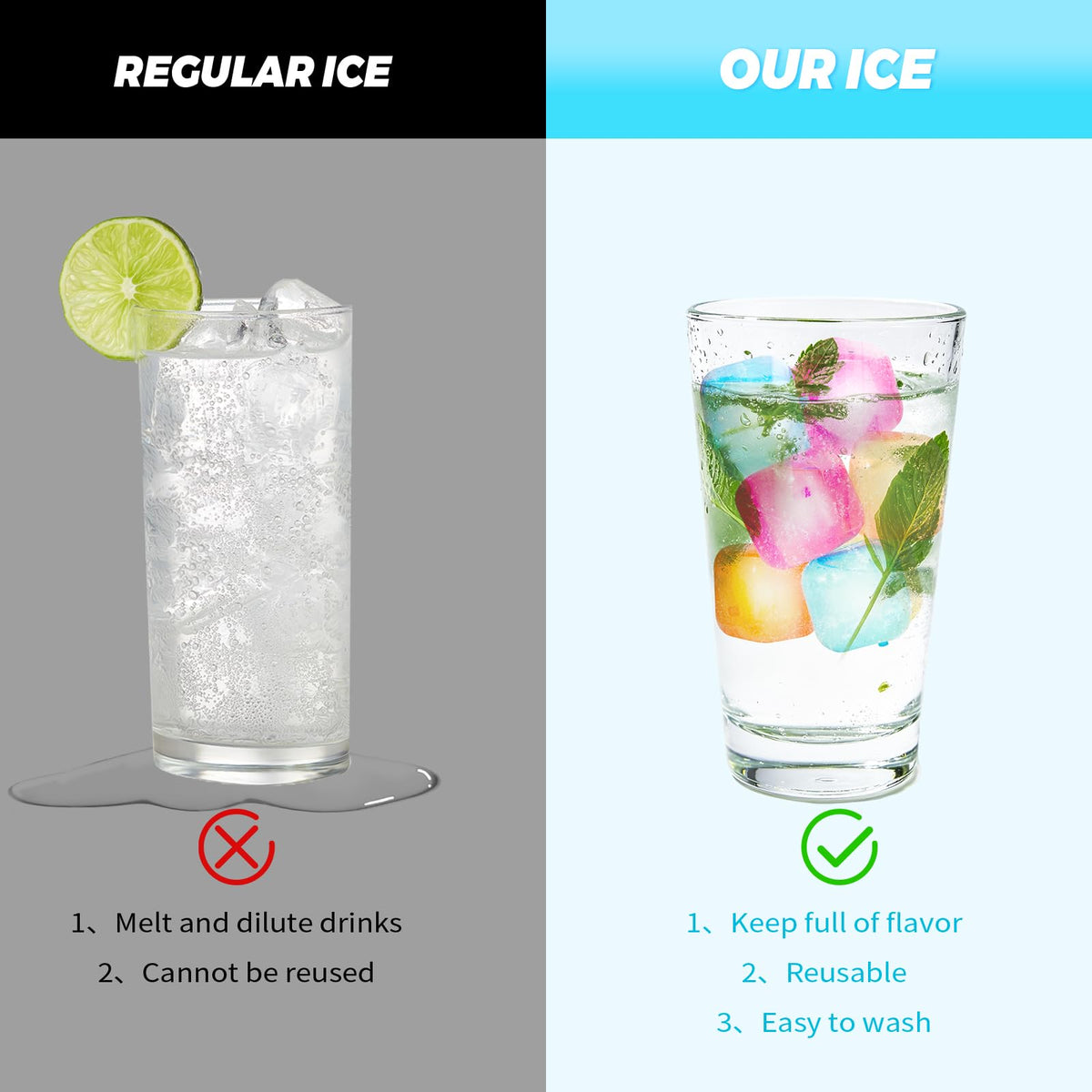 320 Pack Reusable Ice Cubes with Scoop, BPA‑Free Refreezable Plastic Ice Cubes, Non‑Diluting Washable Ice Cubes for Whiskey Coffee Cocktails Party Bar Camping（Square, Multicolor）