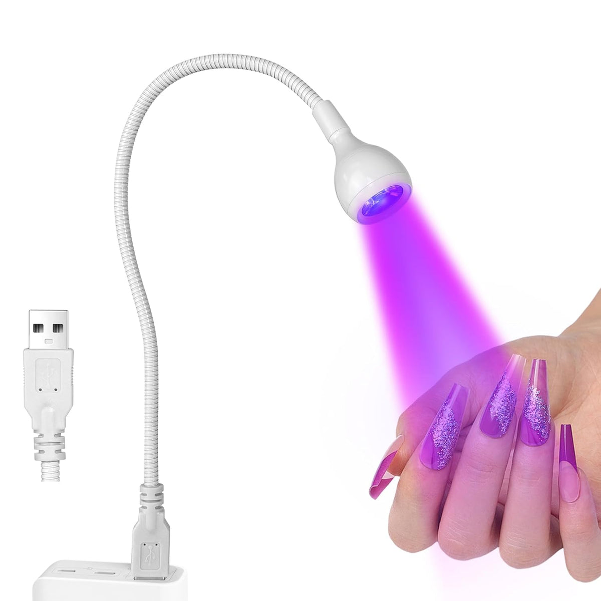 AORAEM UV LED Nail Lamp, 3W Portable Duck Neck UV Nail Lamps Dryer Gel Polish Curing Light with White Gooseneck for Gel Nails Tips USB Plug Play Nails Salon and Home DIY