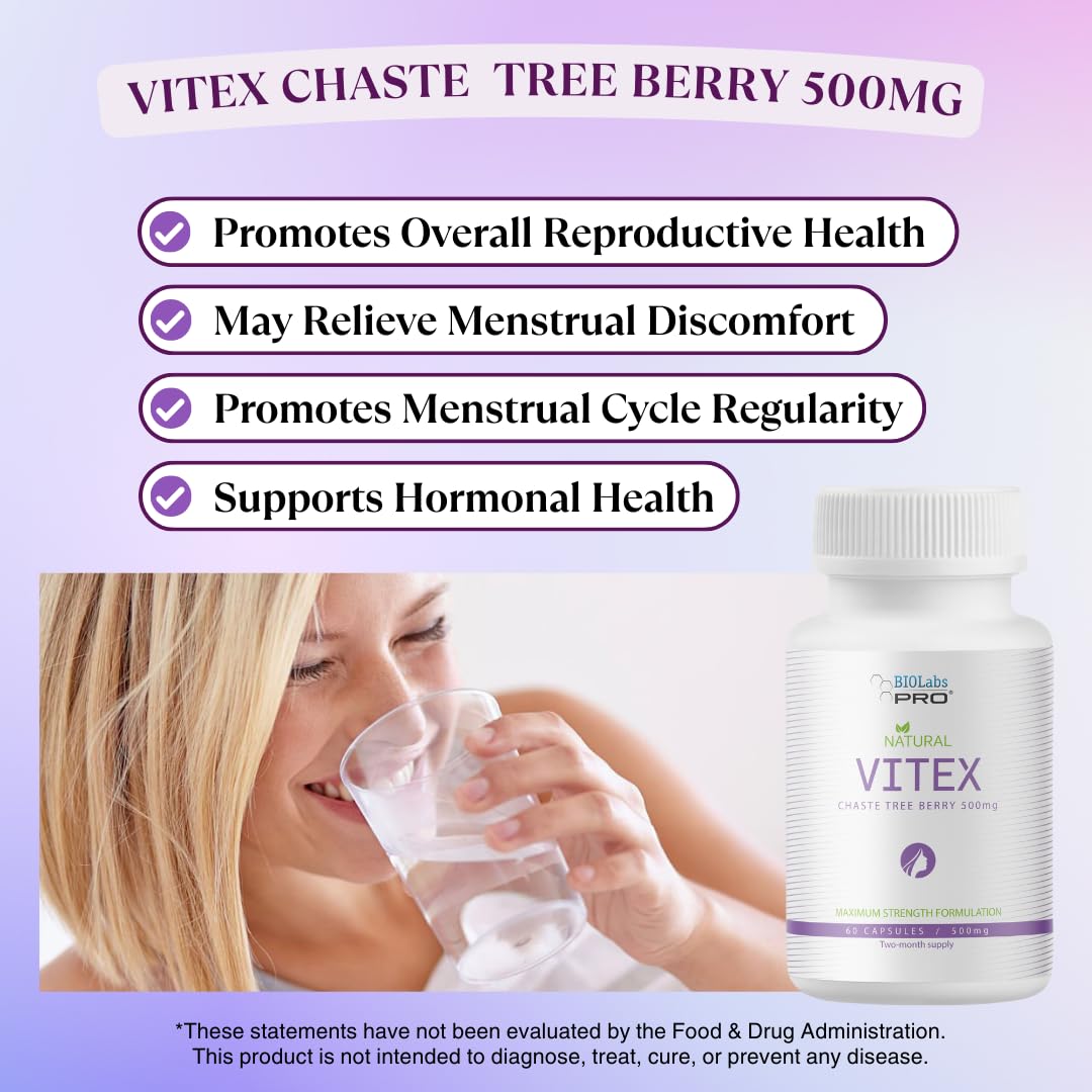BIOLABS PRO Natural Vitex Chasteberry Supplement for Women - Pure Chaste Tree Berry Extract 500mg, Maximum Strength Formulation, Vegan Capsules, Supports Hormonal Balance - (60 Caps - 2-Month Supply)