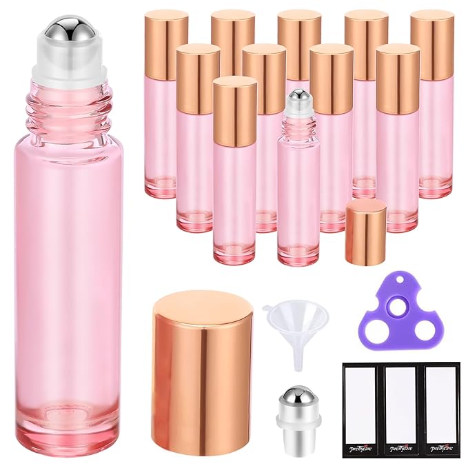 PrettyCare 12 Pack, 10 ml Essential Oil Roller Bottles with Stainless Steel Roller Ball - Refillable Leak-proof Empty Thick Pink Glass Roll on Bottles with Metal Caps for Travel, Perfume