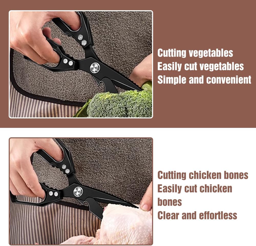 Multifunctional Heavy-Duty Kitchen Shears, Heavy Duty Kitchen Scissors for Food with Ergonomic Handle, High-Carbon Steel Culinary Shears for Chicken, Meat, Seafood, Bone Cutting (Long Black)