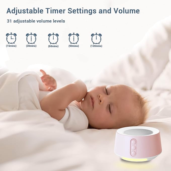 BGOVERSS White Noise Machine with 14 Soothing Sounds and 10 Levels Night Light for Sleeping, 5 Timers and Memory Feature - Plug in Sound Machine for Nursery, Baby, Kids, Adults, Pink