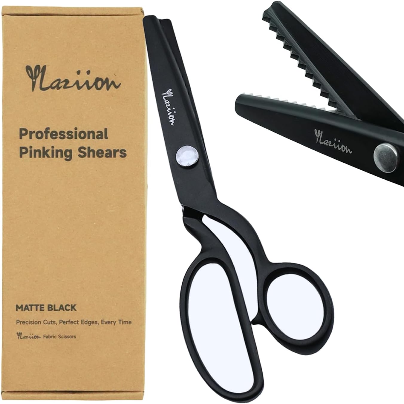 YLaziion 8-Inch Heavy Duty Pinking Shears for Fabric Cutting – 5mm Triangle Tooth Zig Zag Scissors | 100% Black Stainless Steel Sewing Shears for Fabric, Crafts, Lace Wigs, Paper & Quilting