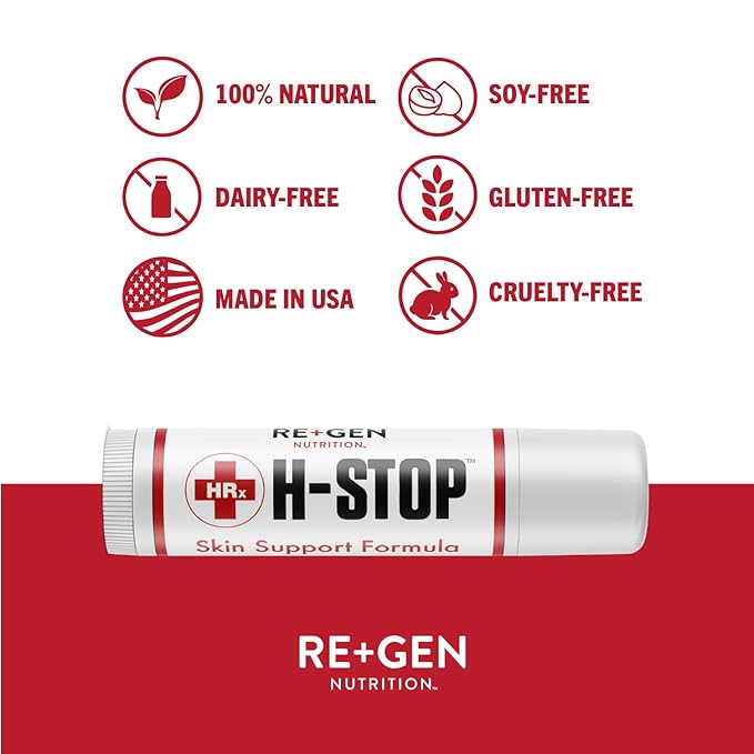 Re+Gen Nutrition H Stop Lip Balm & Women's Hormone Balance Support with Shea Butter, Tea Tree, Vitamin E, Lemon Balm, Mood Swings and More for Clear and Healthy Skin, Discreet Blister Support Moisturi