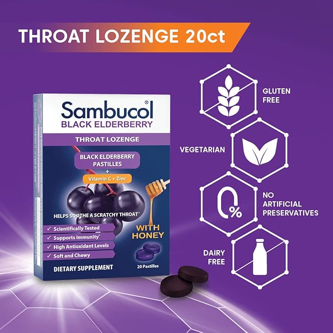 Sambucol Black Elderberry Throat Lozenge - With Honey, Vitamin C & Zinc, Elderberry Lozenges Sore Throat & Cough, Soothes Scratchy Throat, Supports Immunity, Soft & Chewy - 3-Pack (60 Total Pastilles)