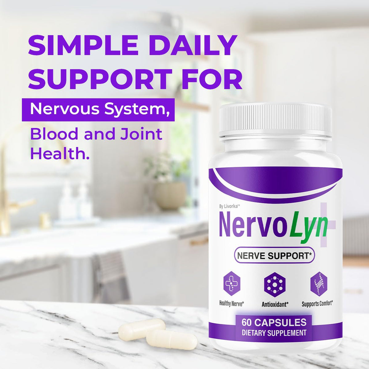 NervoLyn Capsules - Official Nervo Lyn Advanced Supplement Formula Nerve Health, Natural NervoLyn Brain & Memory Focus Vitamins Suppor for Overal Health & Wellness, 60 Capsules for 1 Month