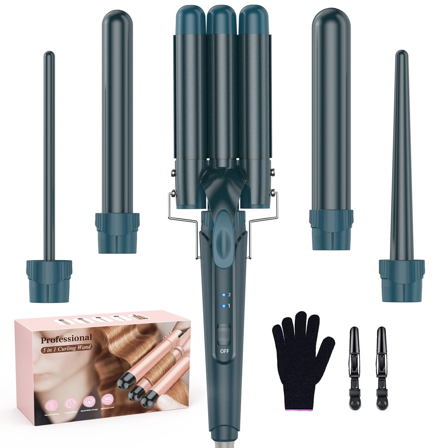 Waver Curling Iron Wand - BESTOPE PRO 5 in 1 Curling Wand Set with 3 Barrel Hair Crimper for Women, Fast Heating Crimper Wand Curler in All Hair Type - Green