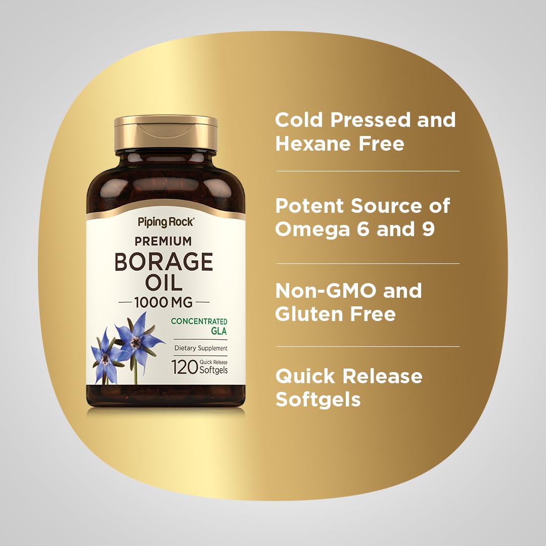Piping Rock Borage Oil Supplement 1000mg | 120 Softgel Capsules | Omega 3 6 9 | Cold Pressed and Hexane Free | Non-GMO, Gluten Free