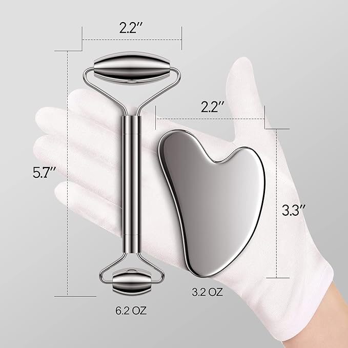 Stainless Steel Face Roller and Gua Sha Set, Asian Beauty Secret for Face, Eye, Nose, Neck, Body Muscle Relaxing Prevents Wrinkles Facial Massage Tools - 100% Authentic Genuine Stainless Steel