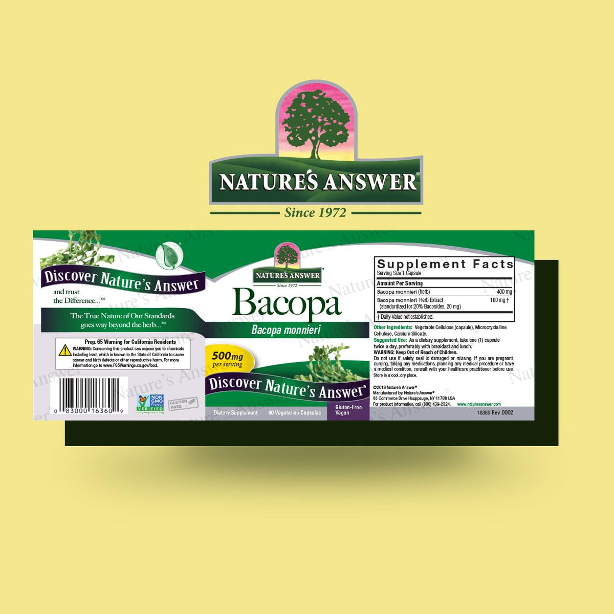 Nature's Answer Bacopa Monnieri | Helps Improve Memory | NON-GMO| No Preservatives | Gluten-Free, Vegan & Vegetarian – 500mg (90 Capsules)