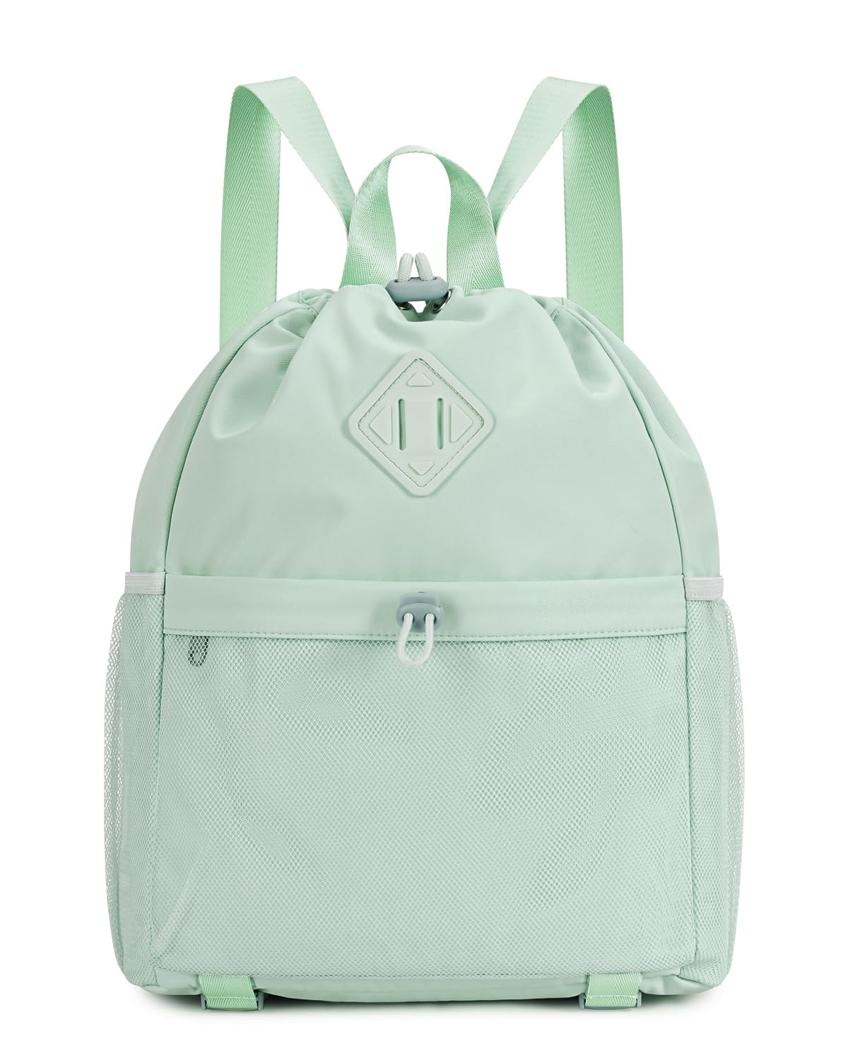 WANDF Drawstring Backpack Sports Gym Bag with Yoga Mat Strap, Water-Resistant String Backpack Cinch Bag with Mesh Pocket for Women Men (Mint Green, Patent Pending)