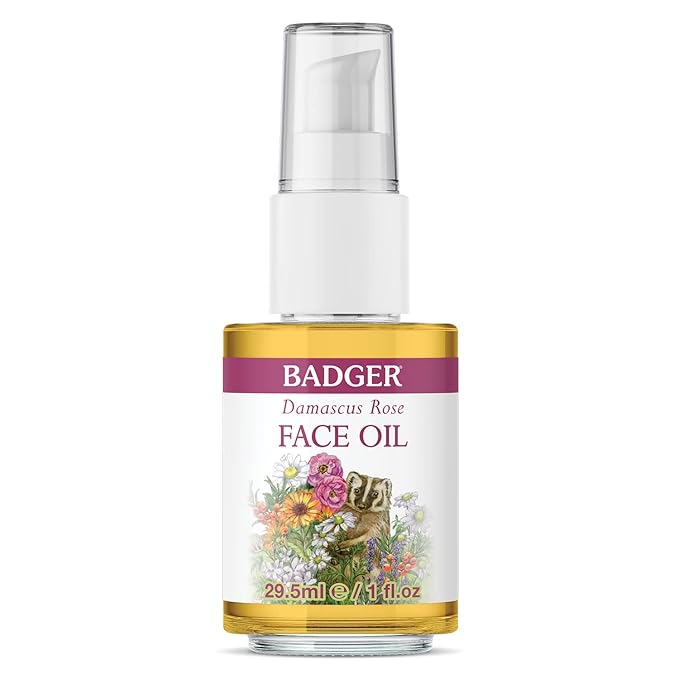 Badger Rose Face Oil, 100% Organic Face Moisturizer, Nourishing & Soothing Organic Jojoba Oil & Rose Oil, Vegan Antioxidant Rich Moisturizing Facial Oil, 1 fl oz Glass Bottle