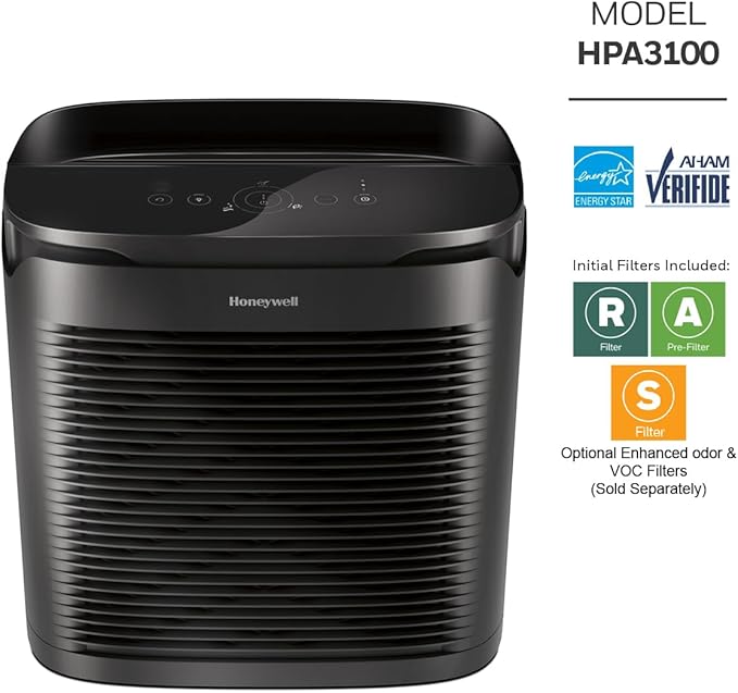 Honeywell PowerPlus HEPA Air Purifier for Home, Medium-Large Rooms, Reduces Allergens, Smoke, Wildfire Smoke, Pollen, Pet Dander and More, Black, HPA3100