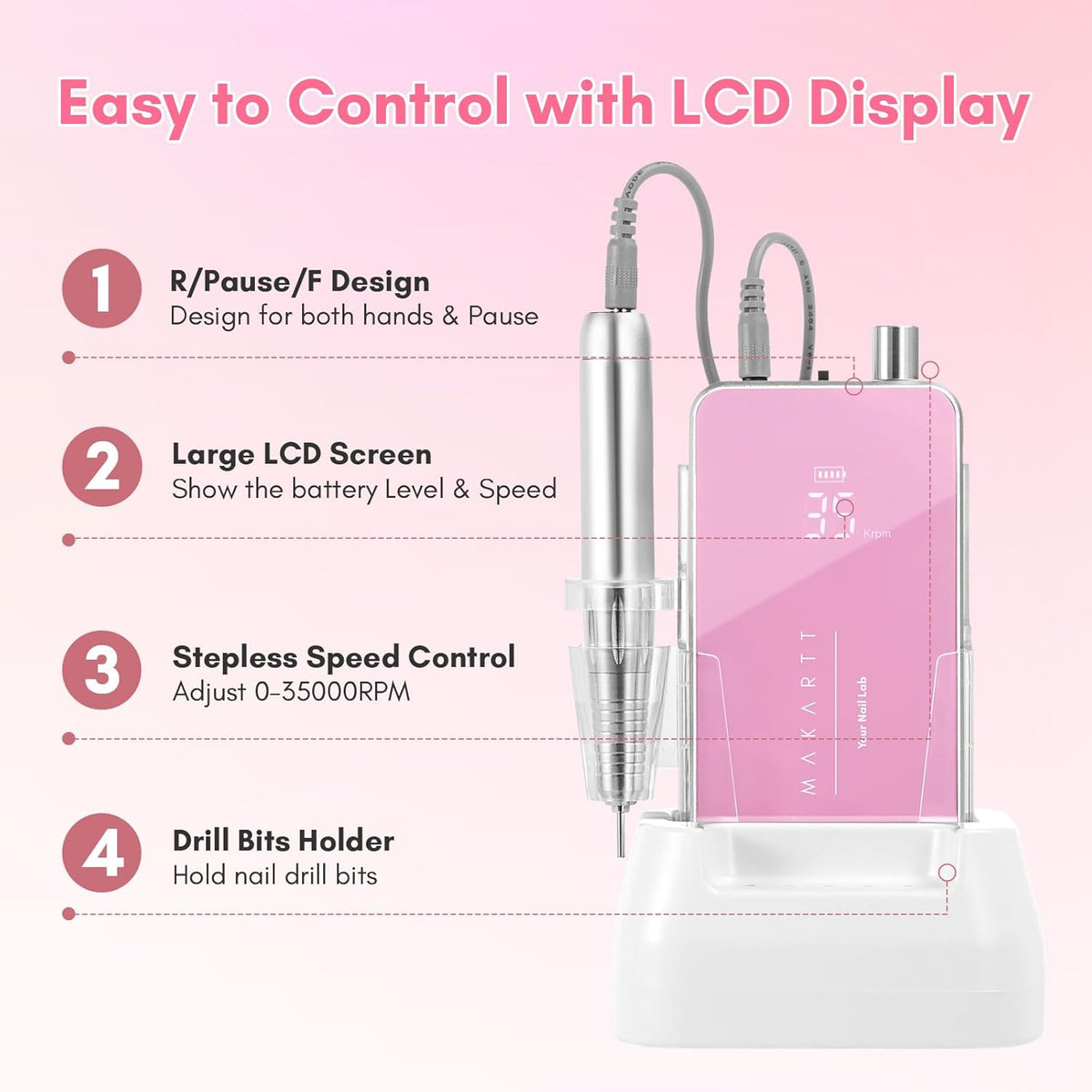 Makartt Nail Drill Professional: 60W 35000RPM Electric Nail File with Coreless Motor, 2 in 1 Desktop & Portable, Drill Bits and LCD Display for Acrylic Gel Nails, Nouvella Pink