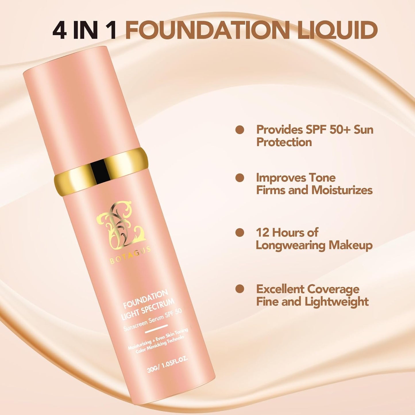 Match Cosmetics Foundation 4 in 1-Light Spectrum,4 in 1 Cosmetics Foundation Liquid with SPF 50+, Concealer Cosmetic Lightweight Makeup, Longwearing & Waterproof for Makeup