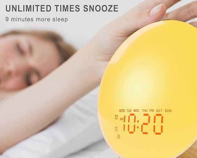 Wake Up Light Sunrise Alarm Clock for Kids, Heavy Sleepers, Bedroom, Full Screen with Sunrise Simulation, Dual Alarm, FM Radio, 15 Nightlights, 8 Sounds, Sleep Timer, Wood Grain