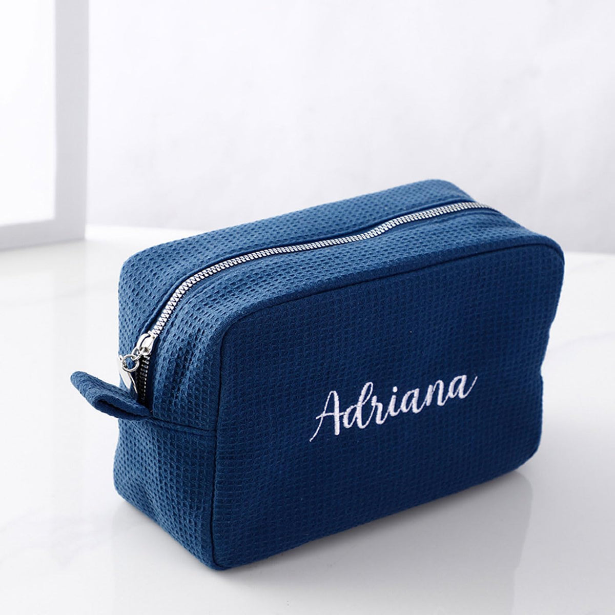 GOPHIE Personalized Embroidered Makeup Bag,Custom Waffle Fabric Cosmetic Pouch for Women, Travel Makeup Pouch (3, Navy Blue)