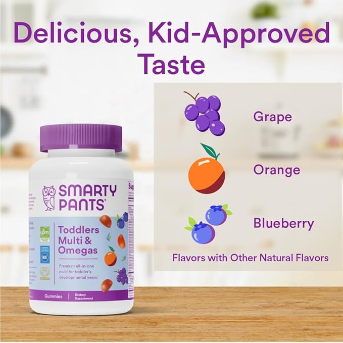 SmartyPants Toddler Multivitamin Gummies: Omega 3 Fish Oil (EPA/DHA), Vitamin D3, C, Vitamin B12, B6, A, K & Zinc, Biotin, Beta Carotene, Gluten Free, Three Fruit Flavors, 70 Count (23 Day Supply)