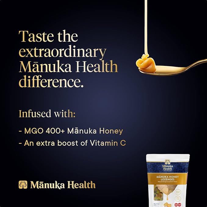 Manuka Health Manuka Honey Lozenges – 58 Lemon and Ginger Flavored Lozenges – Natural Throat Lozenges Infused with Raw Manuka Honey and Vitamin C for Immune Support