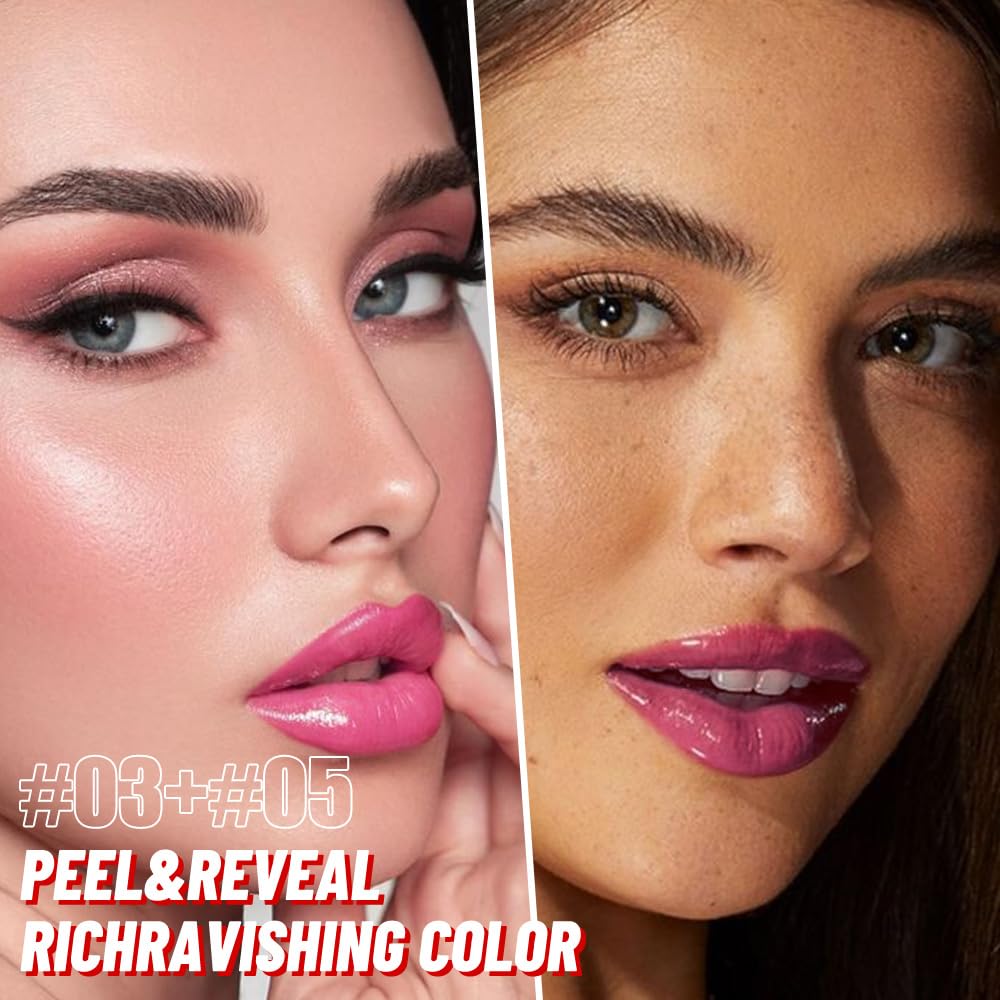 2Pcs Liquid Lip Stain Peel Off Lip liner and Lip oil with Tweezer, Dual-Ended Peel Off Lip Stain Tattoo, Highly Pigmented Long Lasting Waterproof, Transfer-proof for All Skin Types, 03#+05#