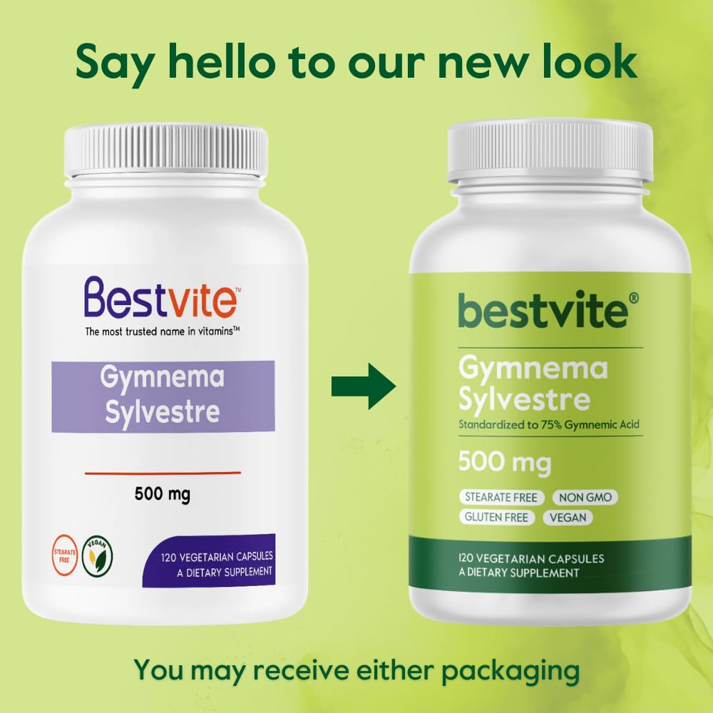 BESTVITE Gymnema Sylvestre 500mg (120 Vegetarian Capsules) - Standardized to 75% Gymnemic Acid - No Stearates - No Fillers - No Flow Agents- Vegan - Non GMO - Gluten Free