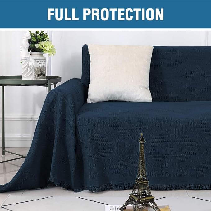 H.VERSAILTEX Cotton Sofa Covers Couch Cover Sofa Slipcover for Most Shape Sofas, Feature Thick Woven Jacquard Seamless with Tassels, Multi-Use Decorative for Couch (Medium: 71" x 91", Navy)