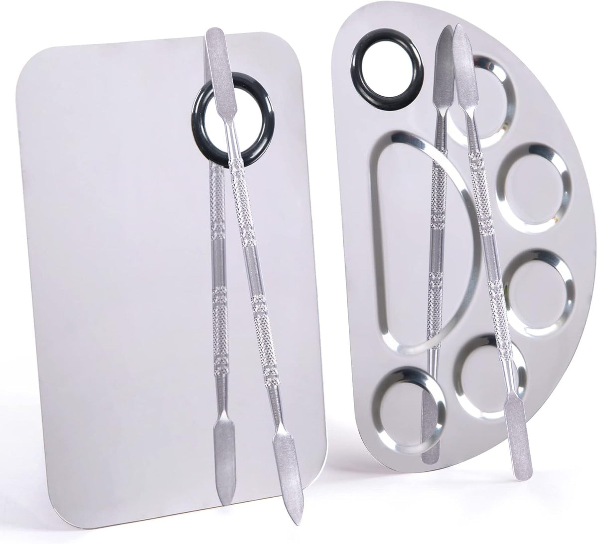 Makeup Palette, Makeup Mixing Palette, Stainless Steel Metal Foundation Palette with Spatula Artist Tool for Mixing Foundation Nail-Art, Cosmetic Mixing Makeup Palette, Makeup Plate, 6×4"/Silver/2pcs
