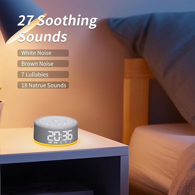 【3 in 1】 White Noise Machine with 27 Sleeping Sounds for Baby Kids Adults Sound Machine Alarm Clock Night Light Timer Memory Function 32 Level Volume Auto Off Digital Clock with 30 Wake Up Sounds